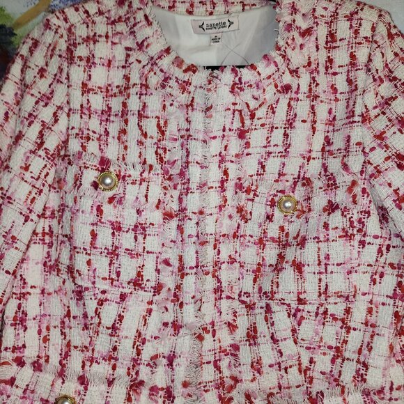 Nanette Lepore Women's Tweed Jacket Pearl Button Accents Fringe Details Size 6 - Picture 5 of 11